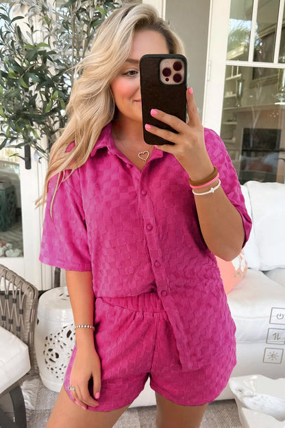 Peach Blossom Checkered Terry Knit Plus Size 2-Piece Shorts Set