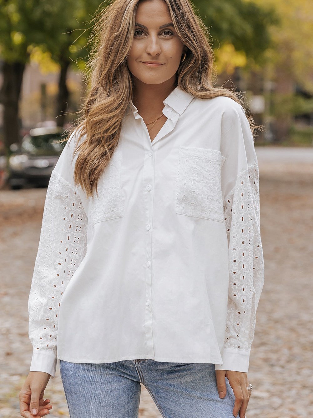 Elegant White Lace Embroidered Button-Up Shirt with Chest Pockets