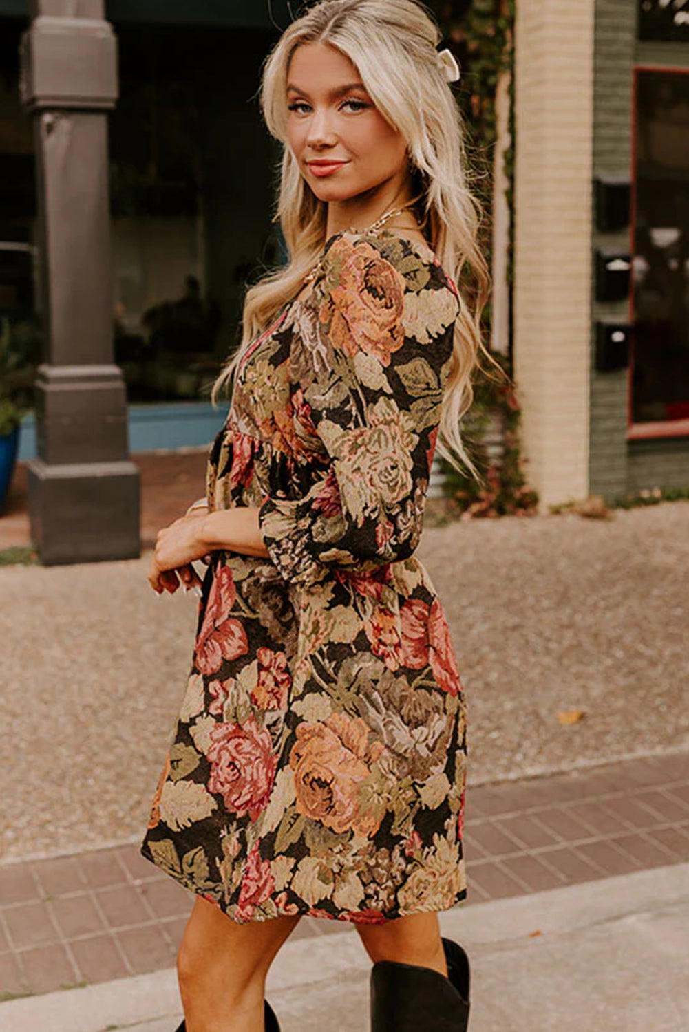 Brown Floral Jacquard Knit Square Neck 3/4 Puff Sleeve Loose Mini Dress