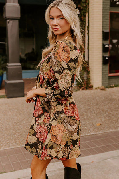 Brown Floral Jacquard Knit Square Neck 3/4 Puff Sleeve Loose Mini Dress