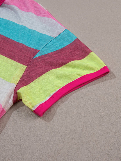 Rose Stripe Plus Size Textured Knit Short Sleeve Henley Top