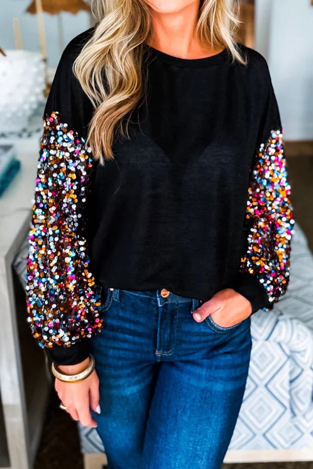 Black Contrast Sequined Sleeve Round Neck Top