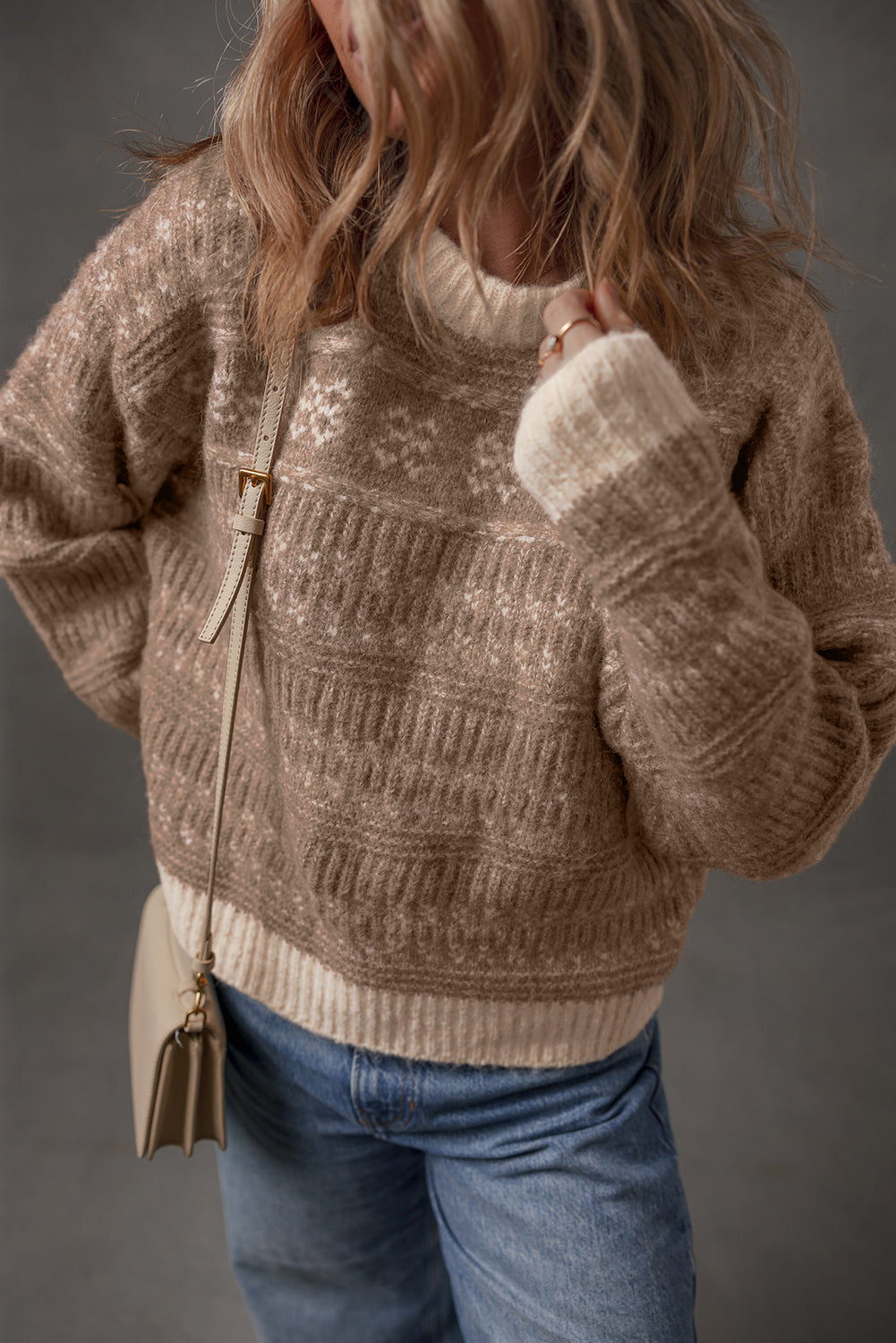 Dark Brown Geometric Knit Color Contrast Drop Sleeve Sweater