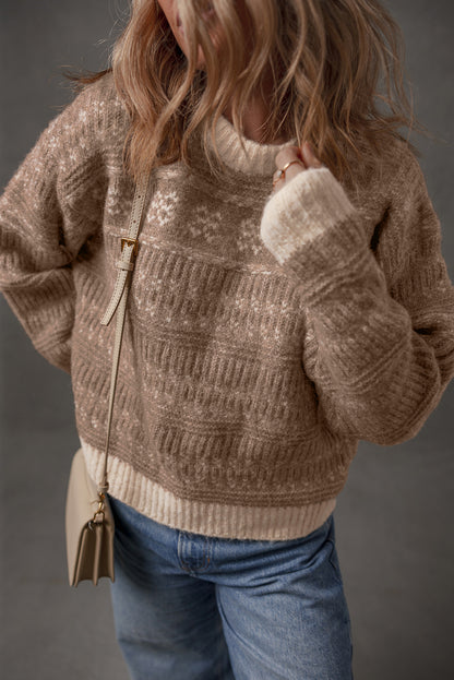 Dark Brown Geometric Knit Color Contrast Drop Sleeve Sweater