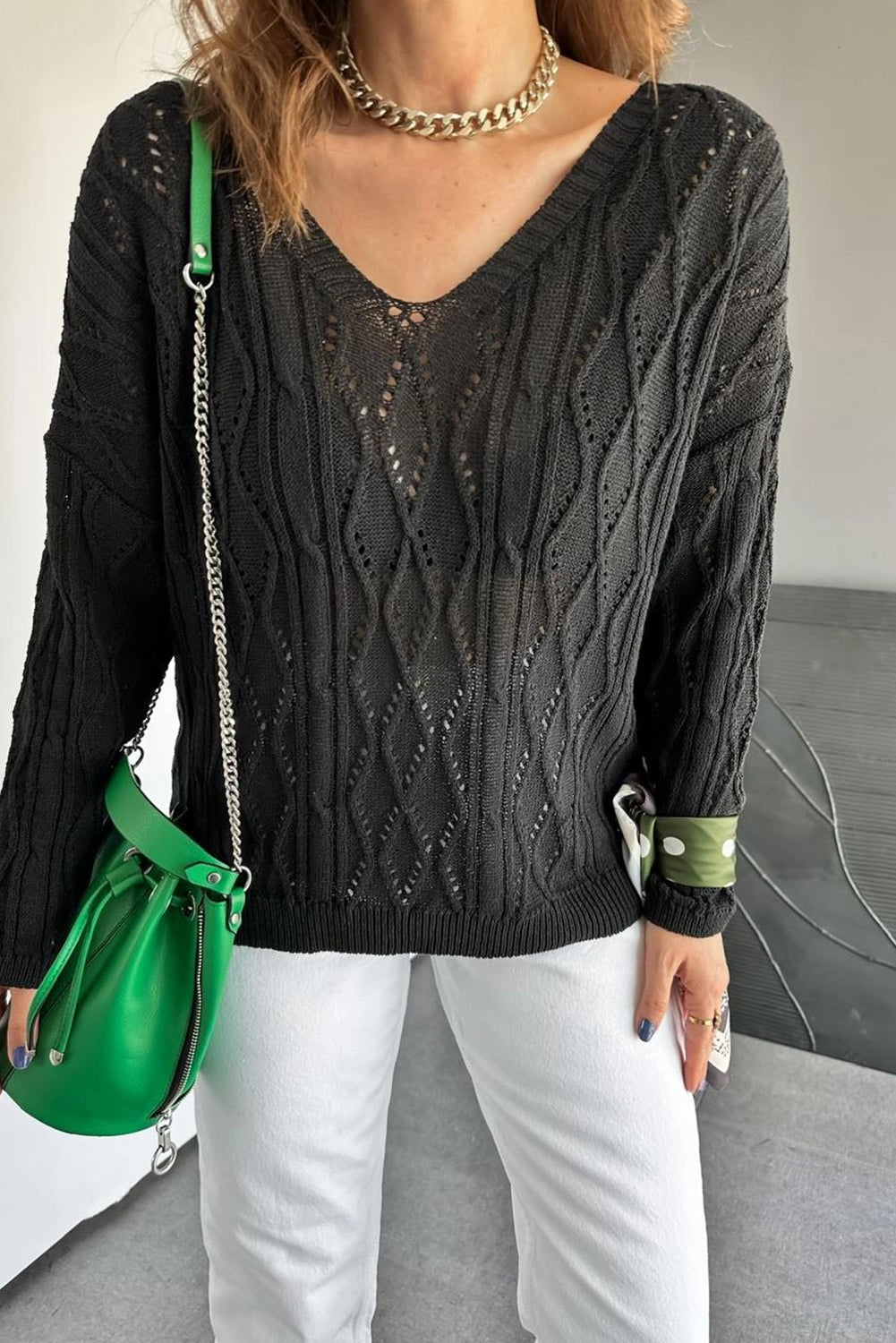 Black Geometric Textured Crisscross Lace up Knit V Neck Sweater