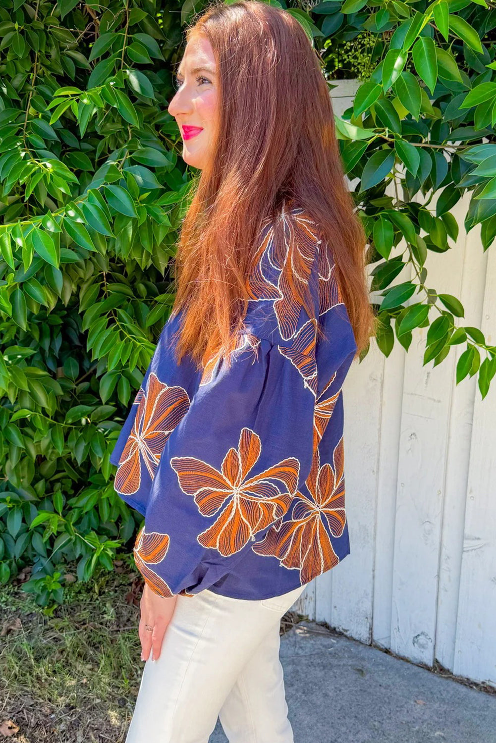 Bluing Big Flower Embroidered V Neck Puff Sleeve Blouse