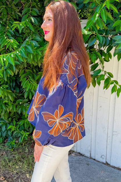 Bluing Big Flower Embroidered V Neck Puff Sleeve Blouse