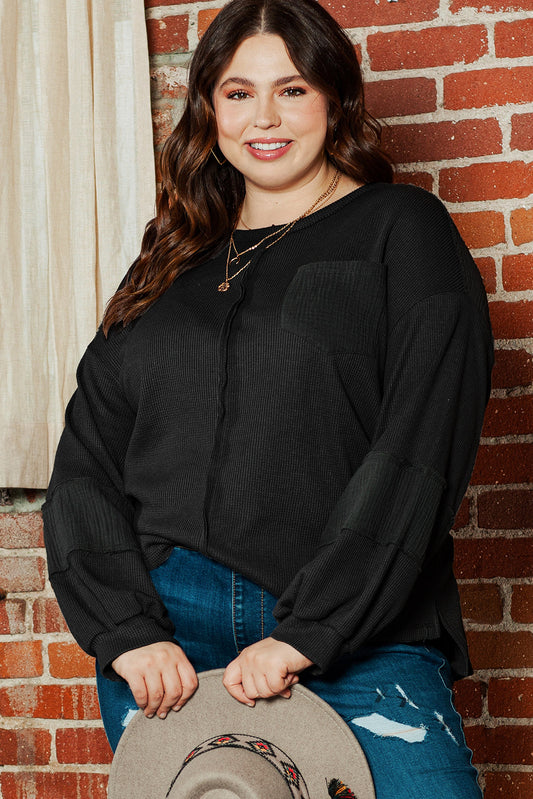 Retro Black Crinkle Patch Plus Size Top