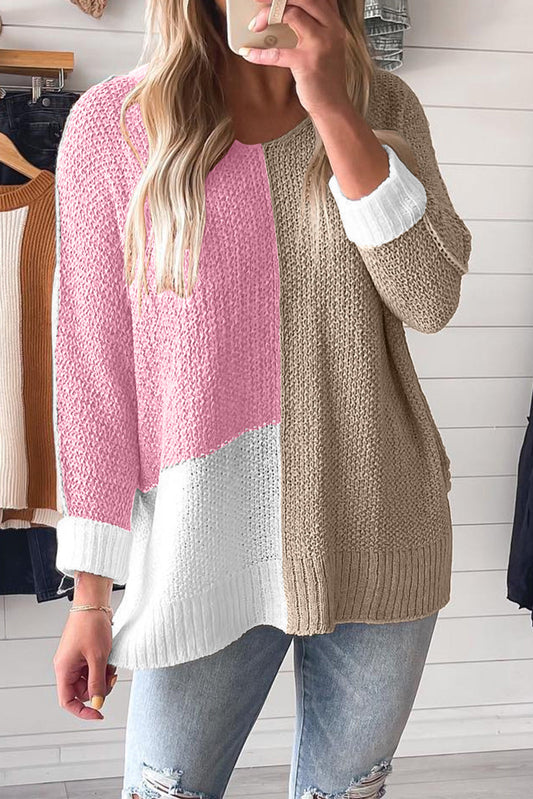 Pink Color Block Knit V Neck Loose Sweater