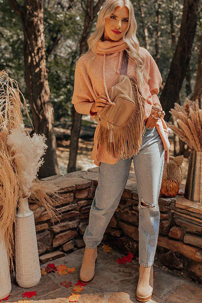 Apricot Pink Textured Knit Drawstring Cowl Neck Oversize Top with Side Slits