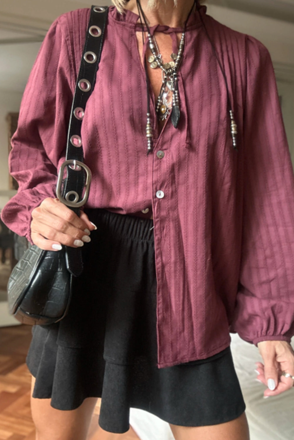 Dry Rose Striped Jacquard Tie Split Neck Long Puff Sleeve Shirt