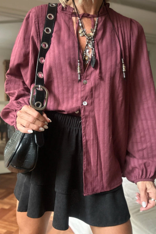 Dry Rose Striped Jacquard Tie Split Neck Long Puff Sleeve Shirt