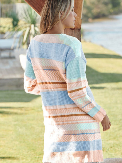 Elegant Multicolored Striped Knit Open-Front Sweater Coat