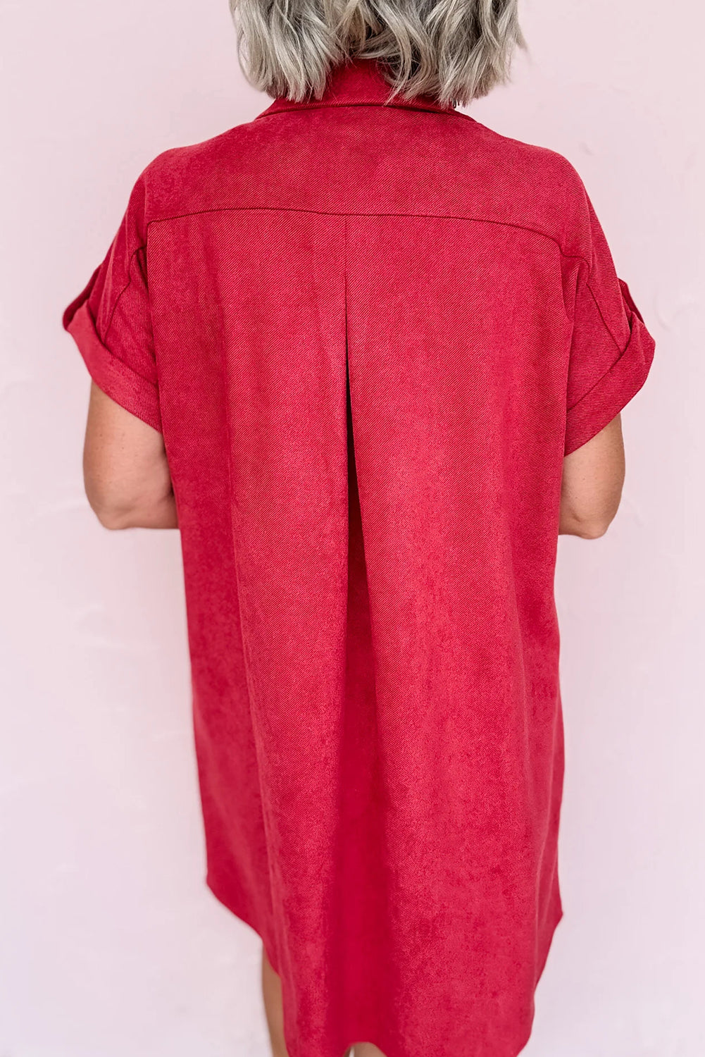 Fiery Red Roll-tab Short Sleeve Patched Chest Pocket Shift Mini Shirt Dress