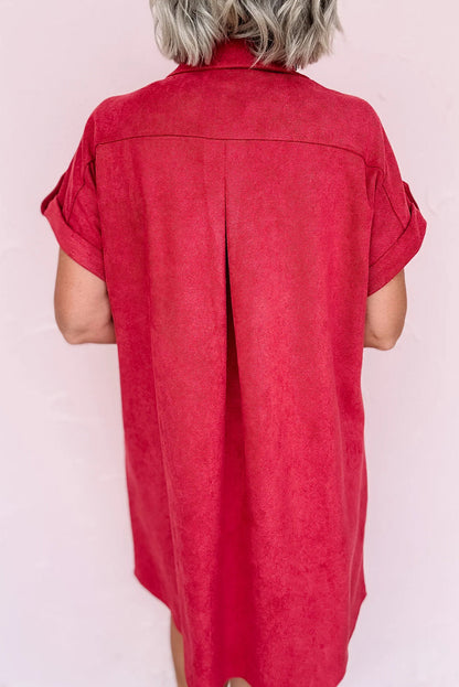Fiery Red Roll-tab Short Sleeve Patched Chest Pocket Shift Mini Shirt Dress