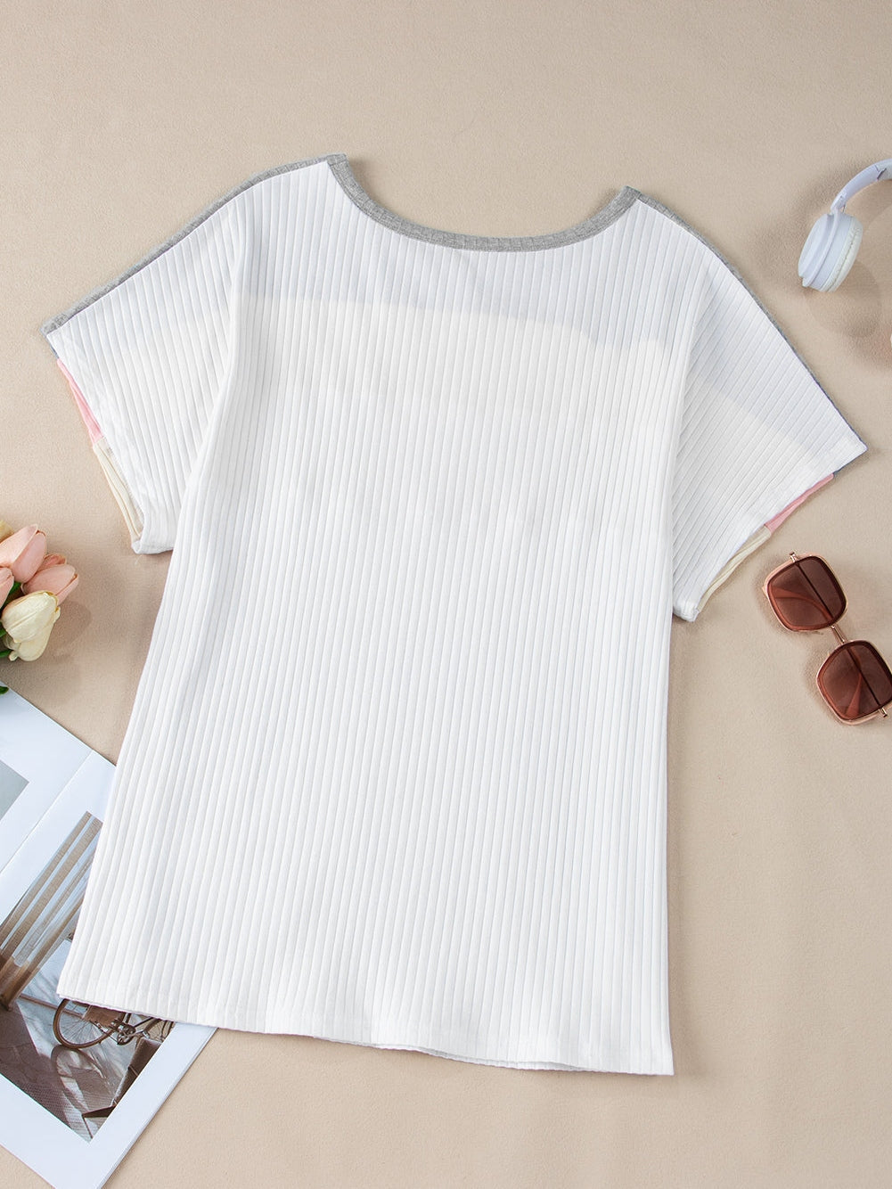 Trendy White Colorblock Patchwork Batwing Sleeve Ribbed Plus T-Shirt