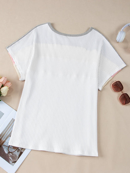 Trendy White Colorblock Patchwork Batwing Sleeve Ribbed Plus T-Shirt