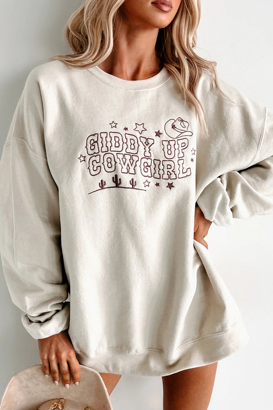 White GIDDY UP COWGIRL Embroidered Graphic Oversize Sweatshirt