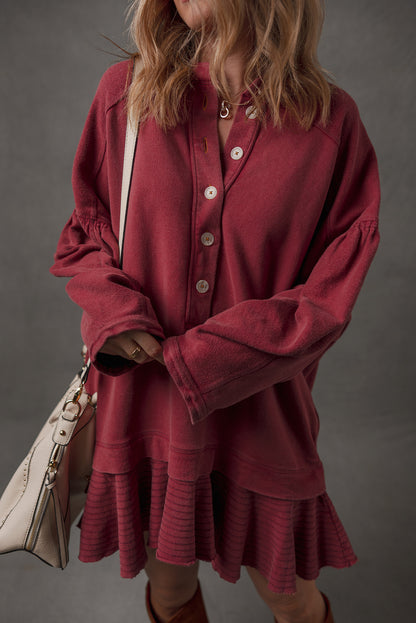 Burgundy Ruffle Hem Patchwork Half Button Long Sleeve Loose Tunic Dress