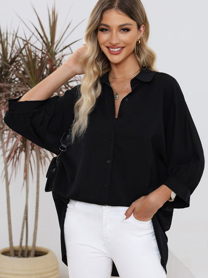 Satin Commute Solid Color V Neck Long Sleeved Blouse