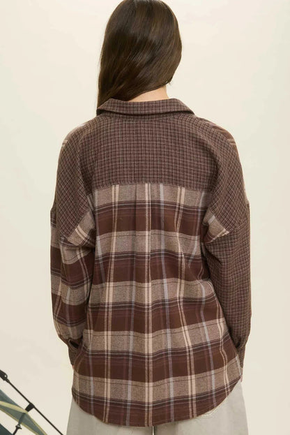 Brown Retro Plaid Patchwork Oversize Shirt