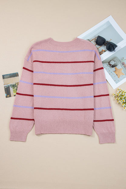 Pink Stripe Ribbed Edge Drop Shoulder Sweater