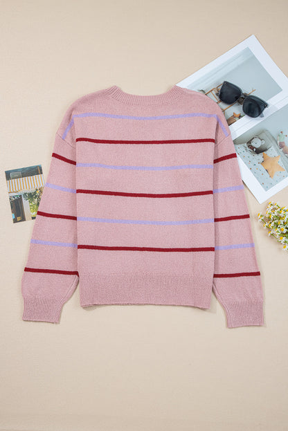 Pink Stripe Ribbed Edge Drop Shoulder Sweater