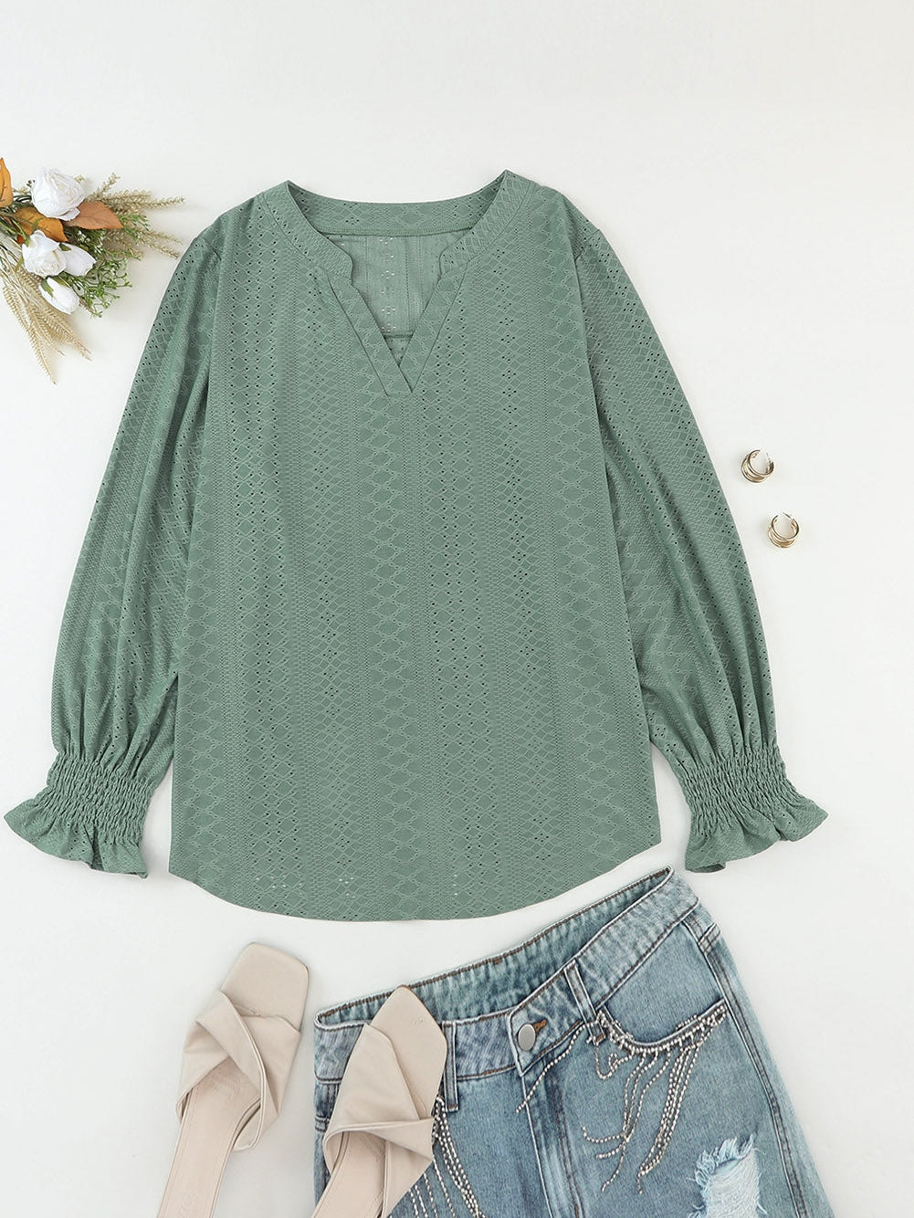 Green Eyelet Jacquard Split Neck Flounce Sleeve Plus Size Blouse