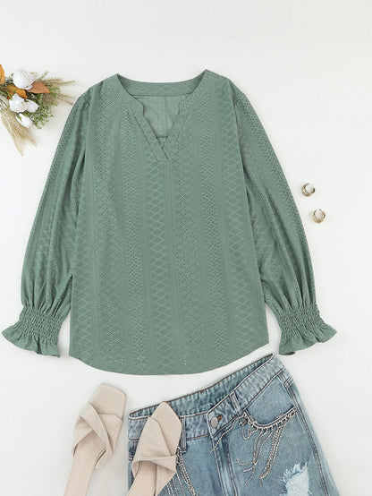 Green Eyelet Jacquard Split Neck Flounce Sleeve Plus Size Blouse
