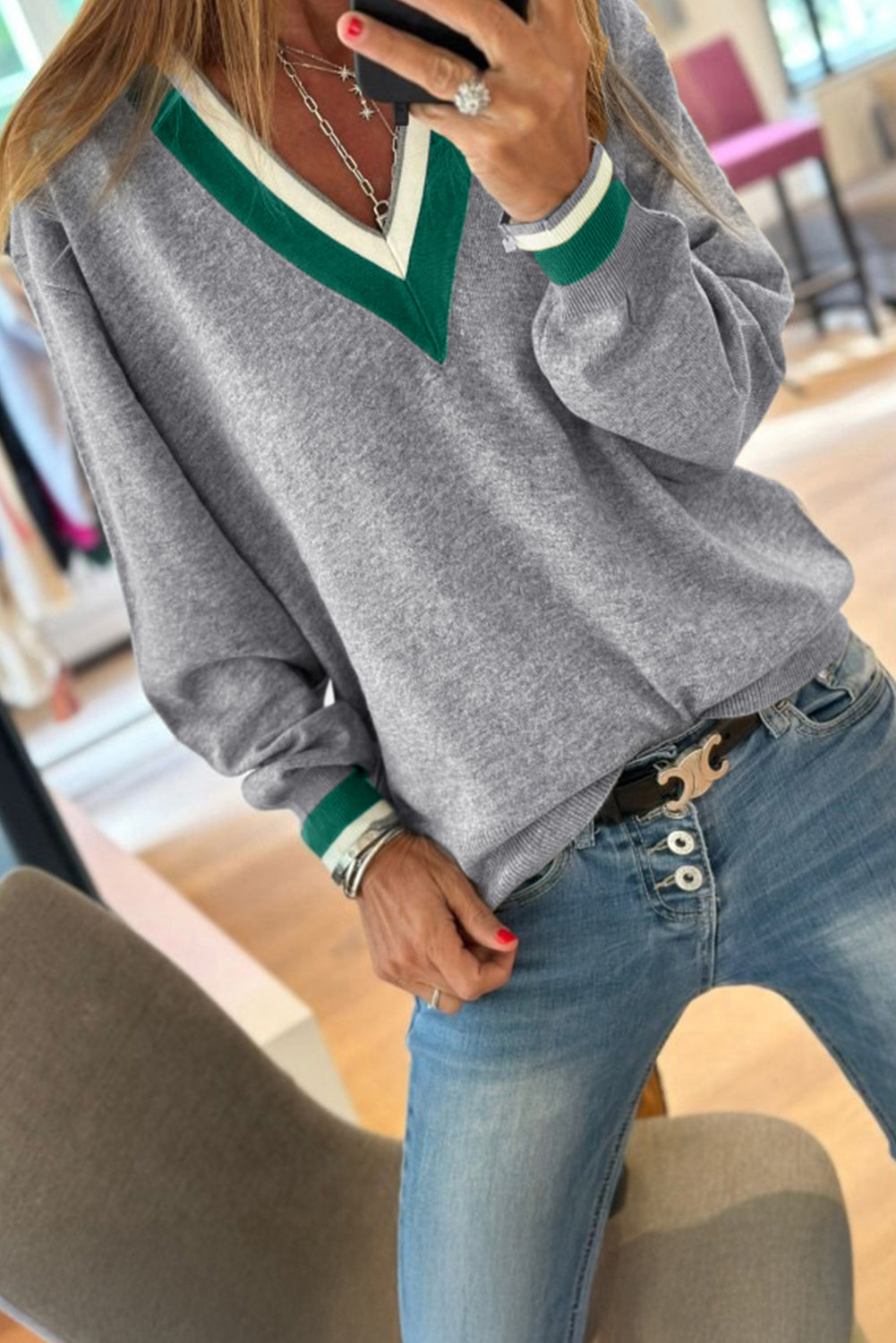 Gray Contrast Striped Trim V Neck Varsity Sweater