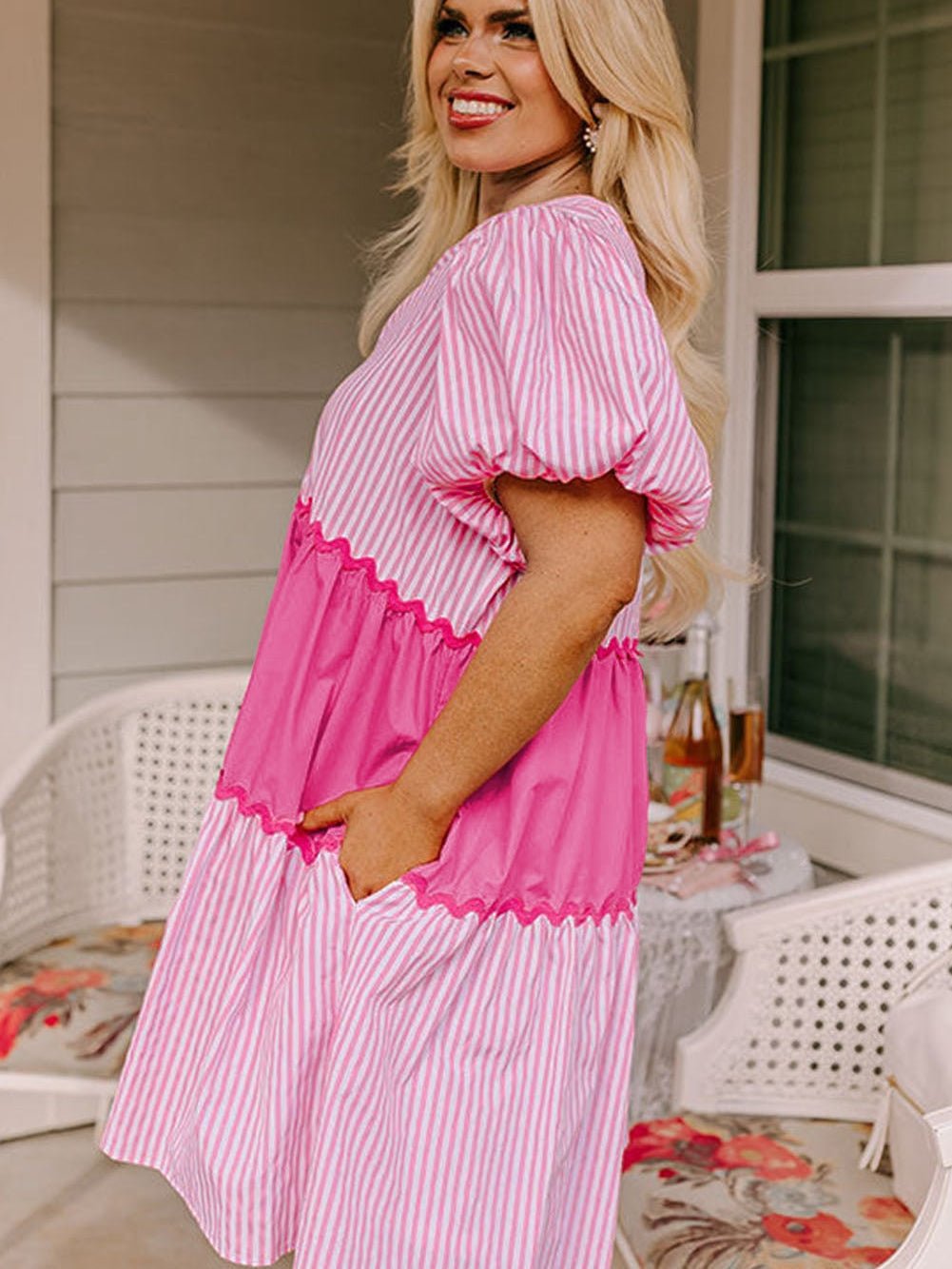 Pink Ricrac Stripe Block Puff Sleeve A-Line Shift Dress