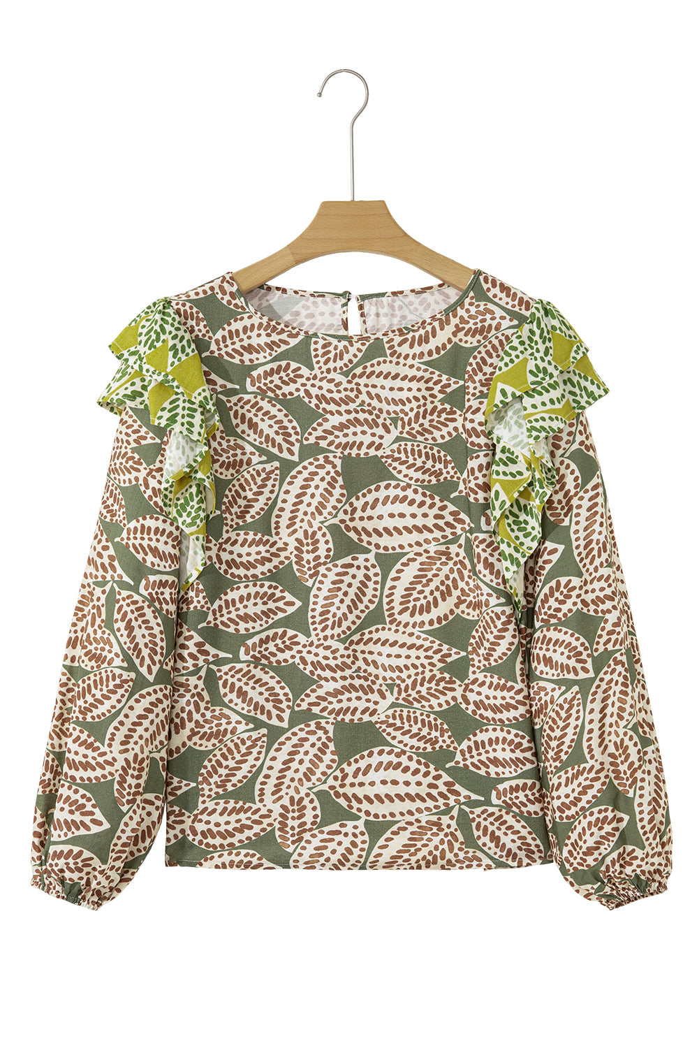 Green Abstract Leafy Print Contrast Ruffle Trim Long Sleeve Blouse