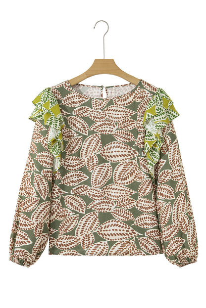 Green Abstract Leafy Print Contrast Ruffle Trim Long Sleeve Blouse