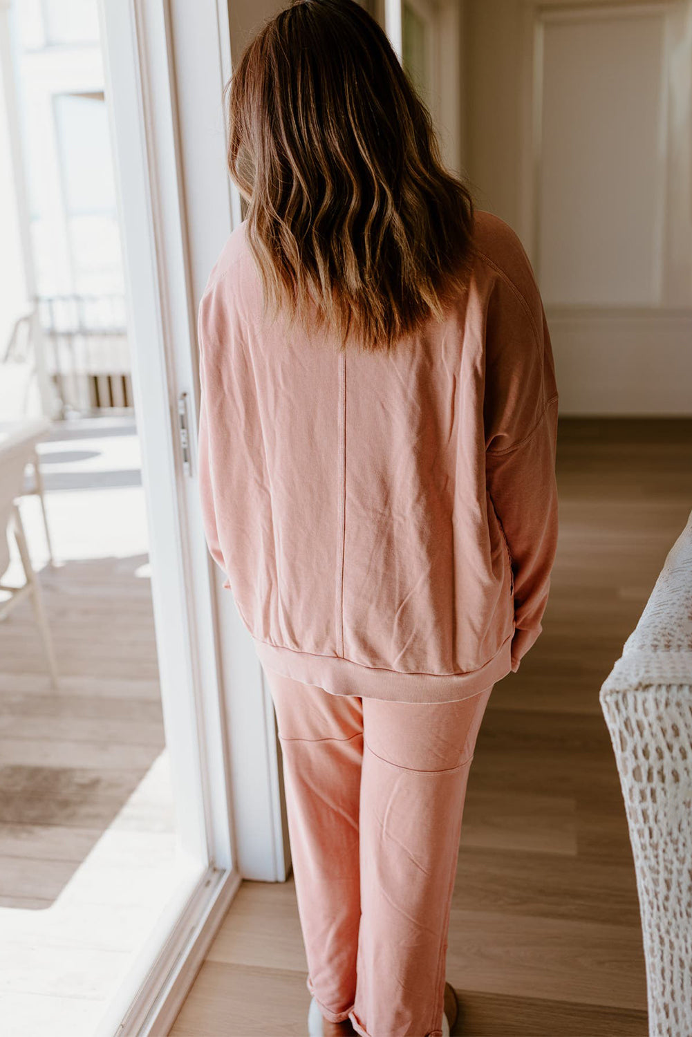 Apricot Pink Exposed Seam Drop Shoulder Pullover Drawstring Pants Lounge 2pcs Set