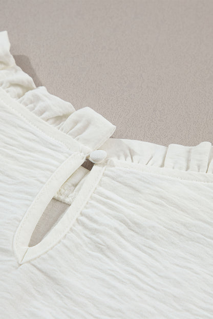 White Frilled Neck Ruffled Trim Bubble Sleeve Blouse
