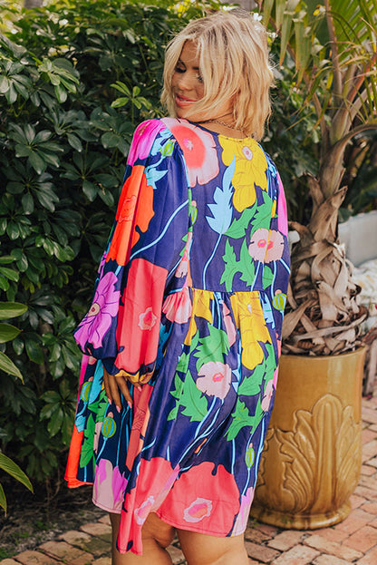Floral Print Balloon Sleeve Babydoll Dress for Plus Size Women
