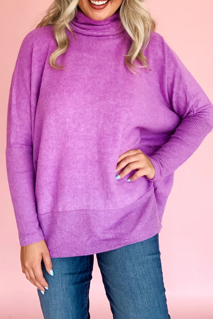 Purple Orchid Solid Color Turtleneck Ribbed Patchwork Dolman Long Sleeve Top