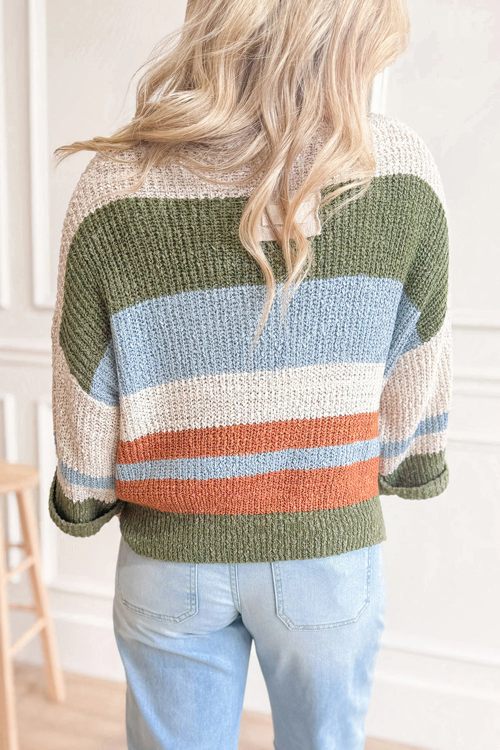 Green Striped Color Block Knit Split Neck Loose 3/4 Sleeve Side Split Sweater