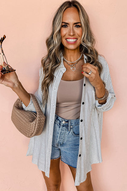 DEAR-LOVER Stripe Roll-tab Sleeve Pocketed Long Shirt