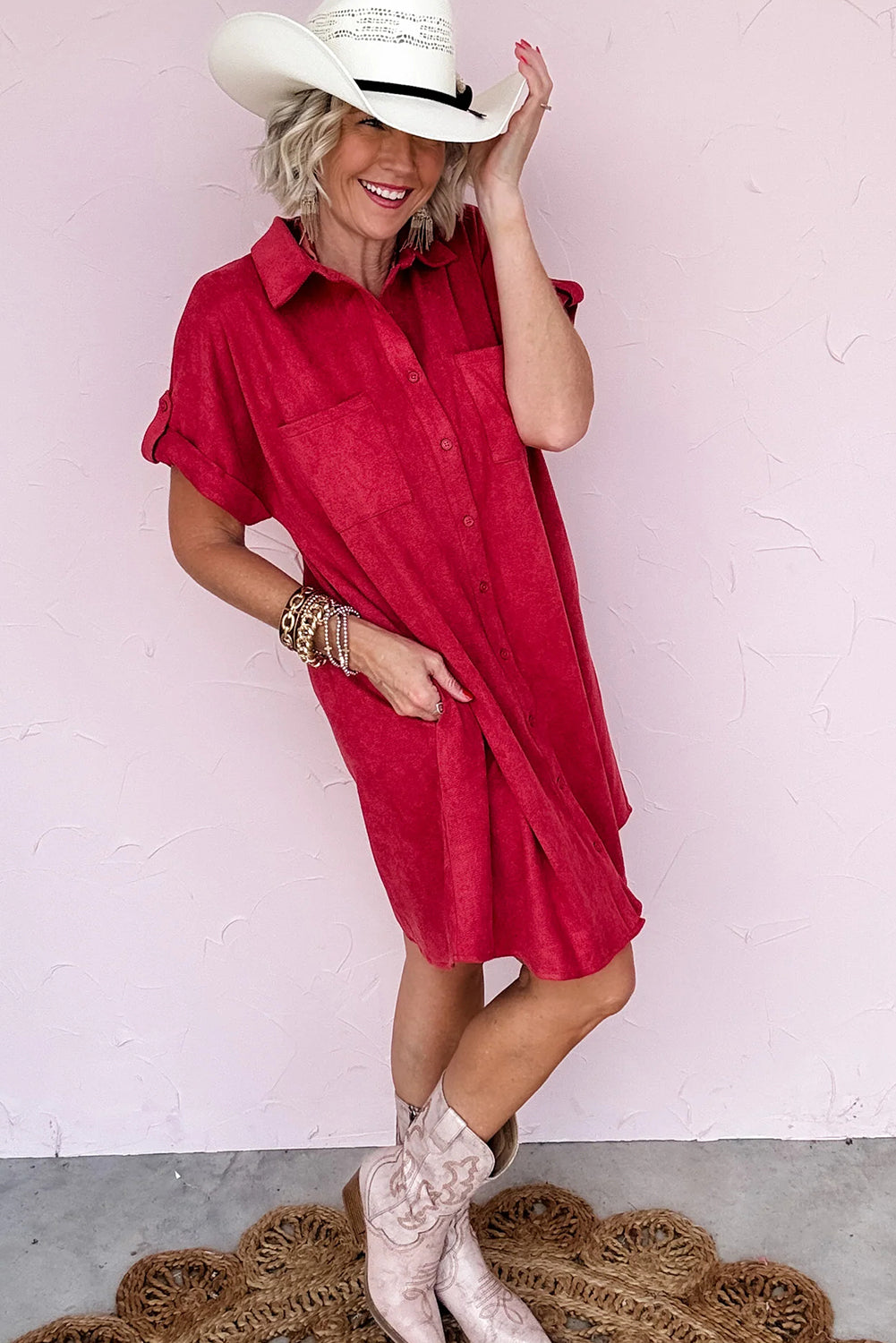 Fiery Red Roll-tab Short Sleeve Patched Chest Pocket Shift Mini Shirt Dress