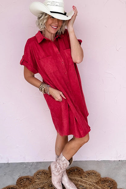 Fiery Red Roll-tab Short Sleeve Patched Chest Pocket Shift Mini Shirt Dress