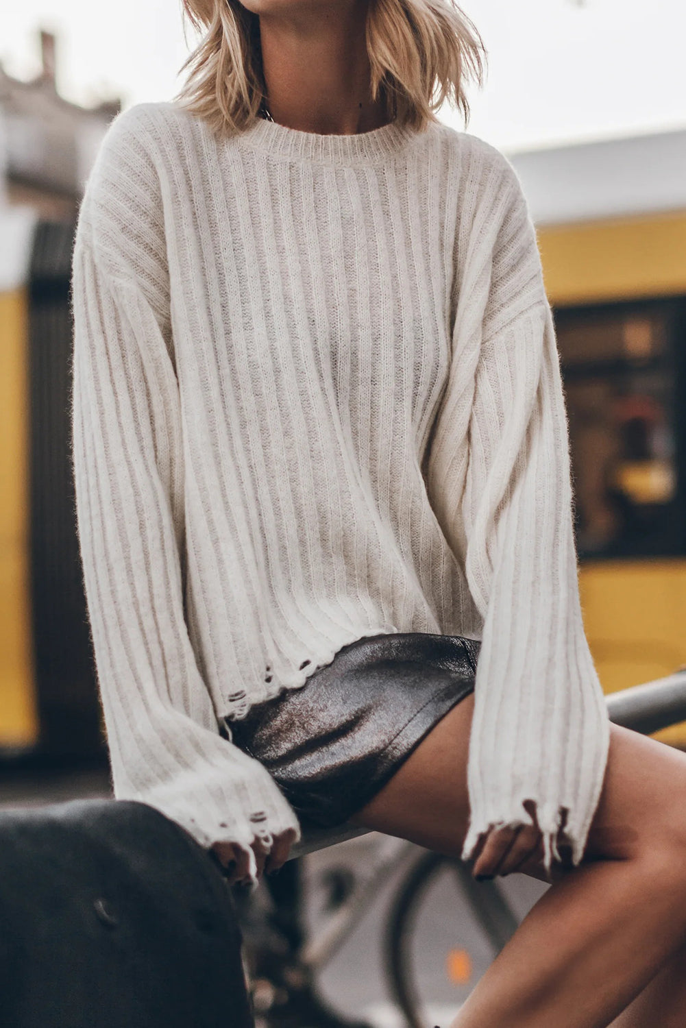 Jet Stream Ribbed Knit Raw Edge Distressed Slouchy Sweater