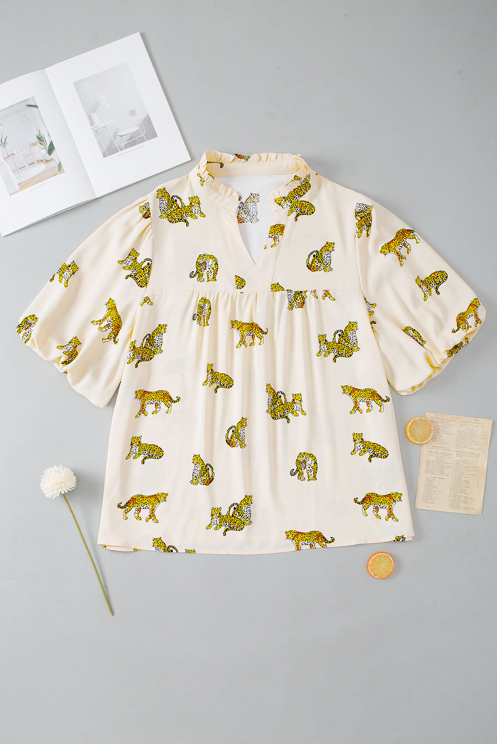 Wild Cheetah Print Beige Plus Size Puff Sleeve Blouse