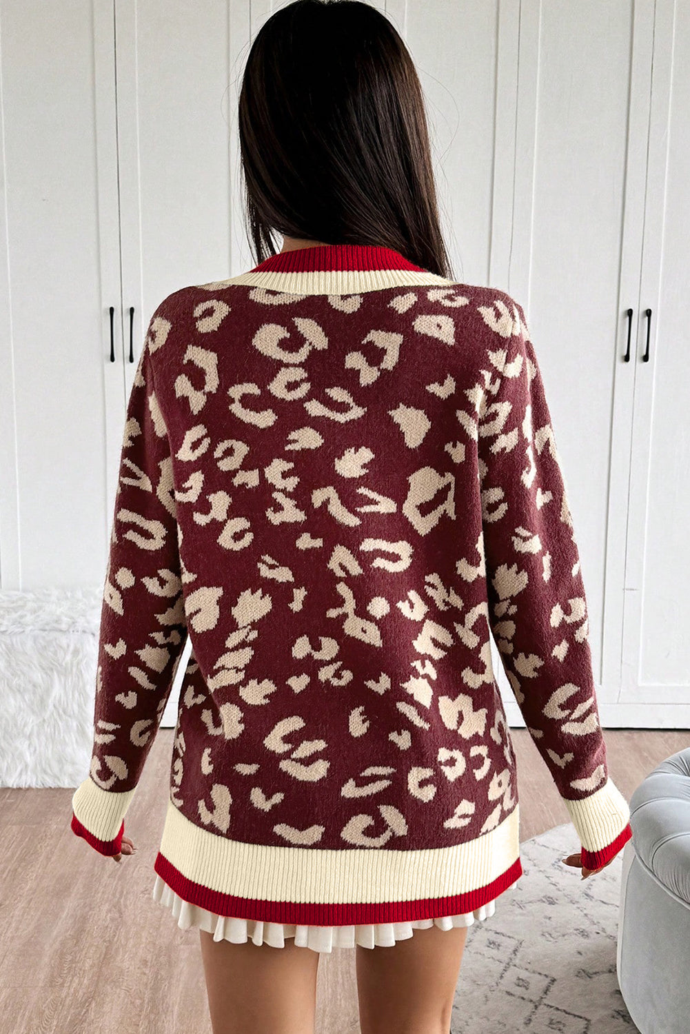 Red Leopard Pattern Knit Contrast Striped Trim V Neck Sweater