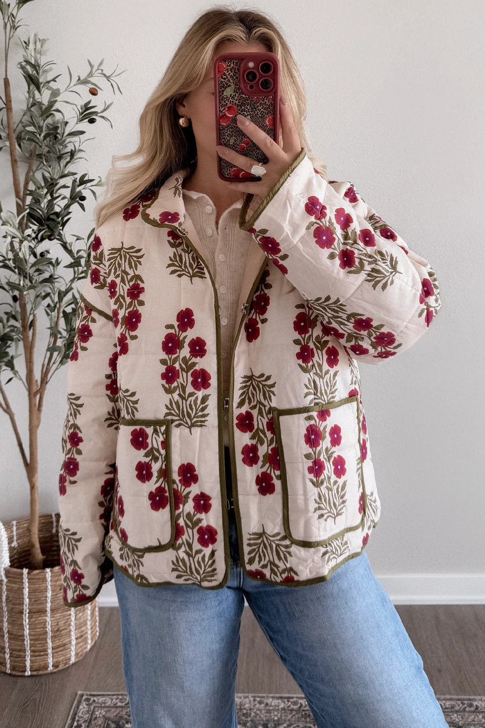 Red Floral Print Contrast Trim Quilted Winter Jacket