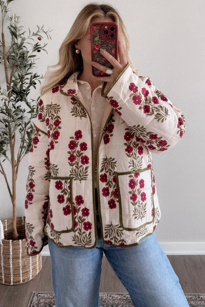 Red Floral Print Contrast Trim Quilted Winter Jacket