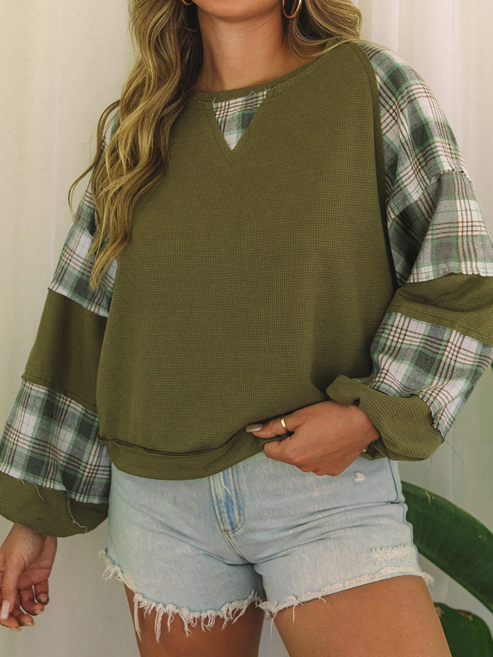 Green Plaid Bubble Sleeve Waffle Knit Patchwork Top