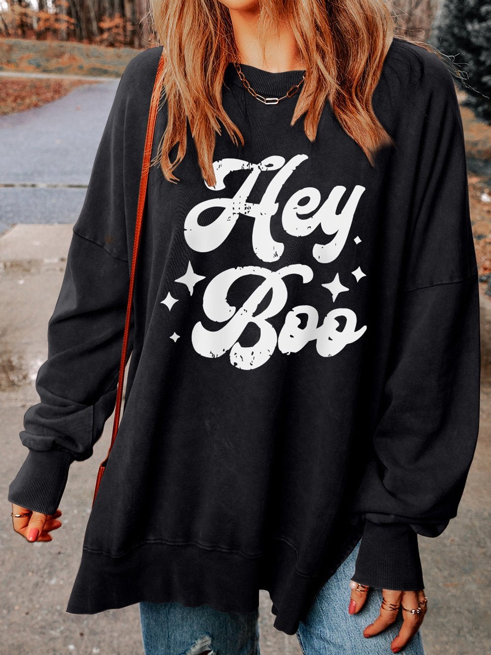 Hey Boo Black Letter Print Oversized Sweatshirt with Side Split