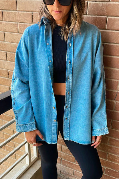 Light Blue Contrast Panel Patchwork Button Down Boyfriend Style Denim Jacket