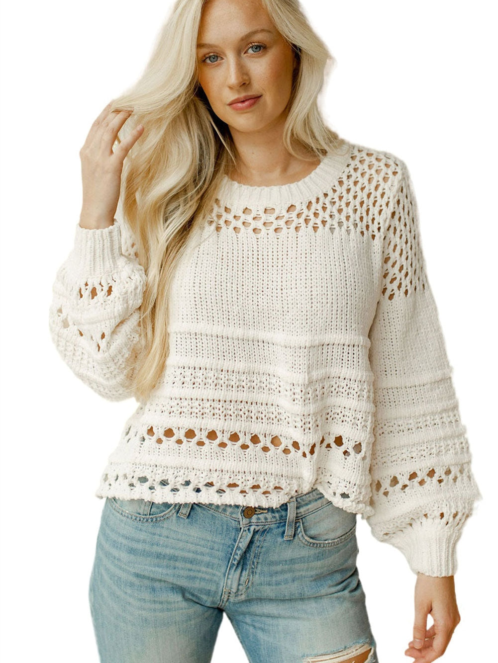 Ivory Pointelle Knit Puff Sleeve Sweater for an Elegant Look